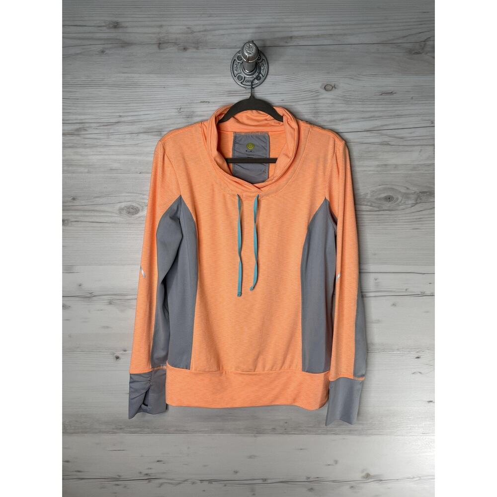 Kiwi Kate Pullover Womens Large Orange Gray Cowl Neck Thumbholes Ruched Back